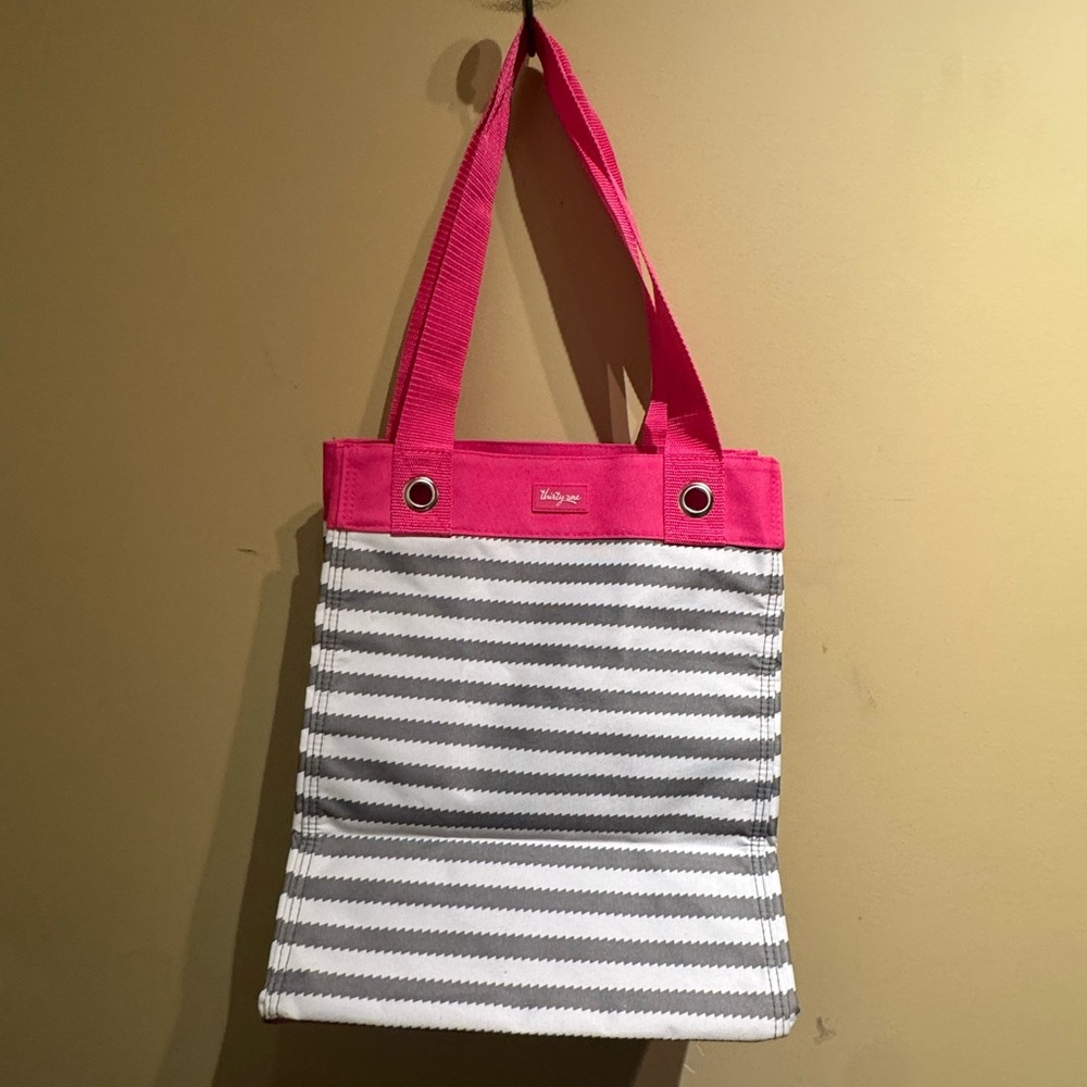 THIRTY-ONE Utility Tote Gray Wave Pink Trim NWOT